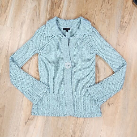 ☔️🔸️BCBGMaxAzria Blue Variegated Alpaca Single Button Cardigan Sweater Large - Picture 1 of 12